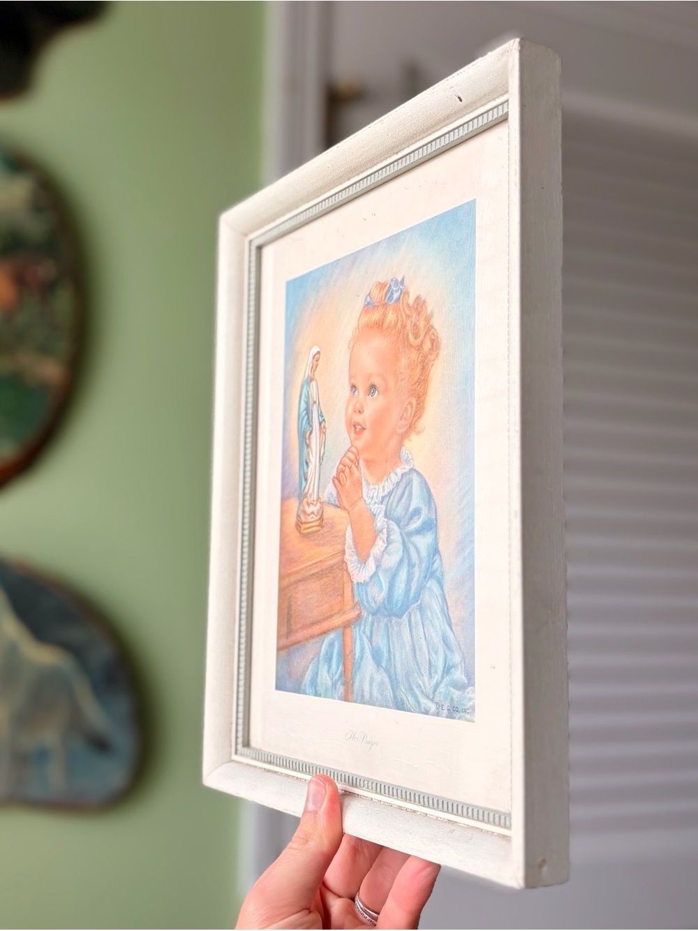 Vintage Wood Framed Blue Nursery Prayer Wall Art Print Classic Child Portrait - Picture 2 of 7